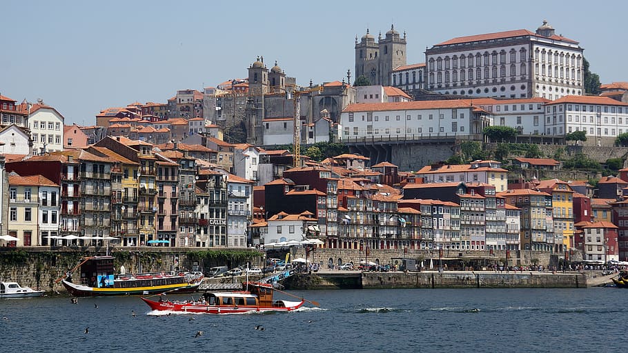 boat near town, porto, oporto, riverside, river, city, portugal, cityscape, landmark, downtown
