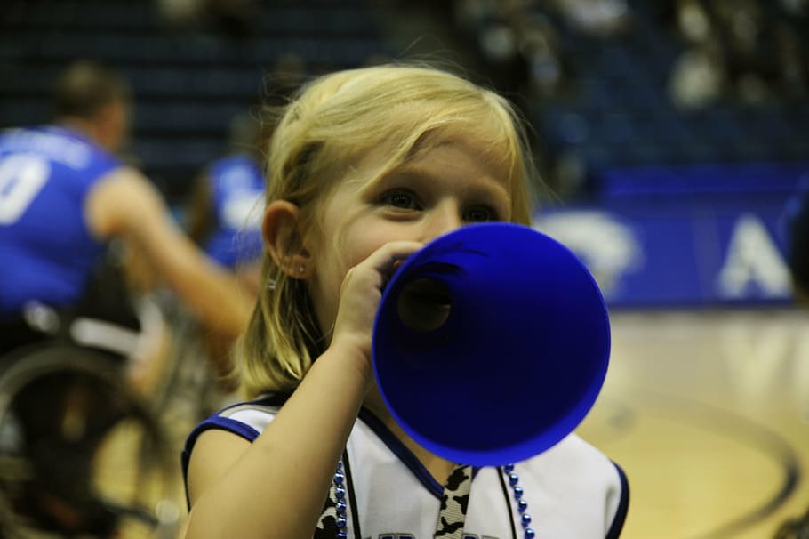 girl, holding, blue, plastic horn, inside, court, cheerleader, basketball, child, cute
