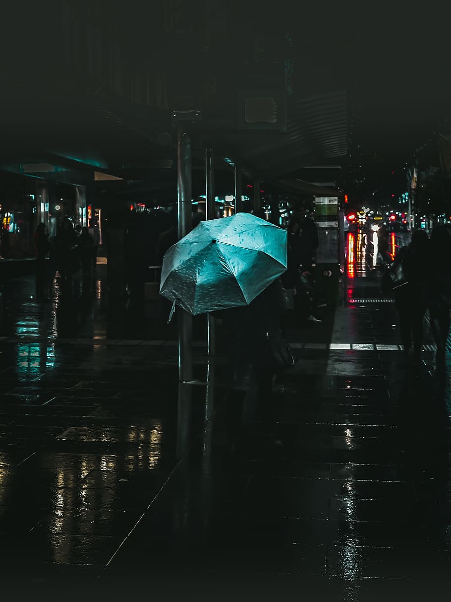 selective, colors photography, blue, umbrella, buildings, city, urban, road, street, rain