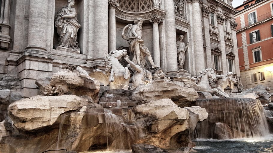 trevi fountain, italy, rome, fountain, trevi fountain, roman, italy, monument, places of interest, sculpture, architecture