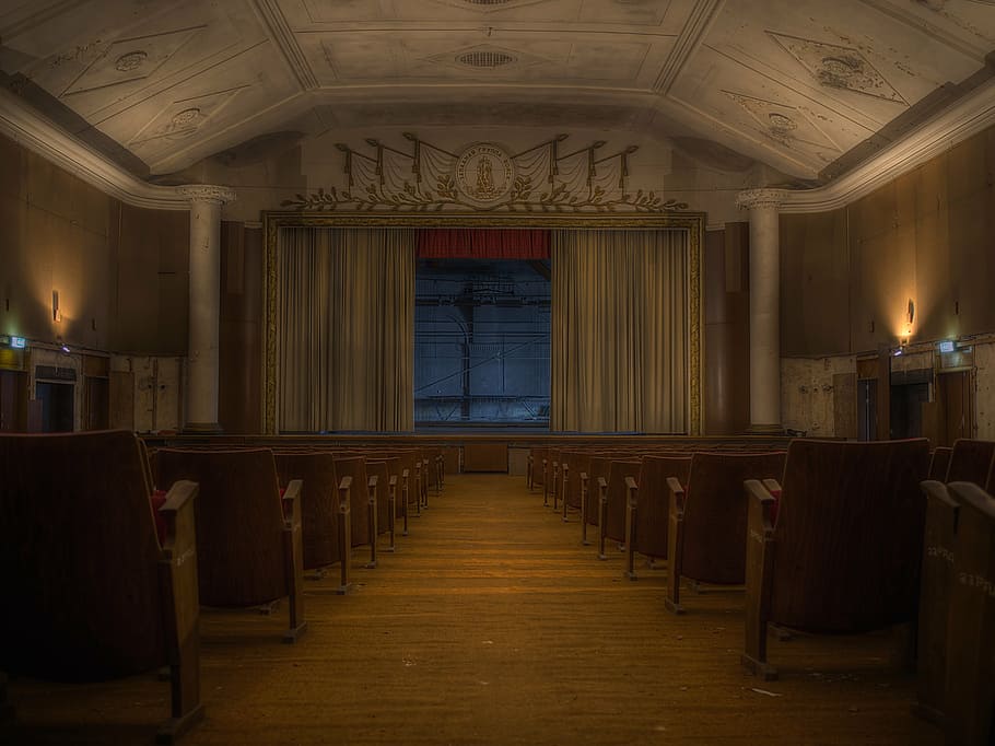 empty brown theater, lost place, hdr, high dynamic range image, germany, spooky, gespentisch, dynamics, architecture, digital processing