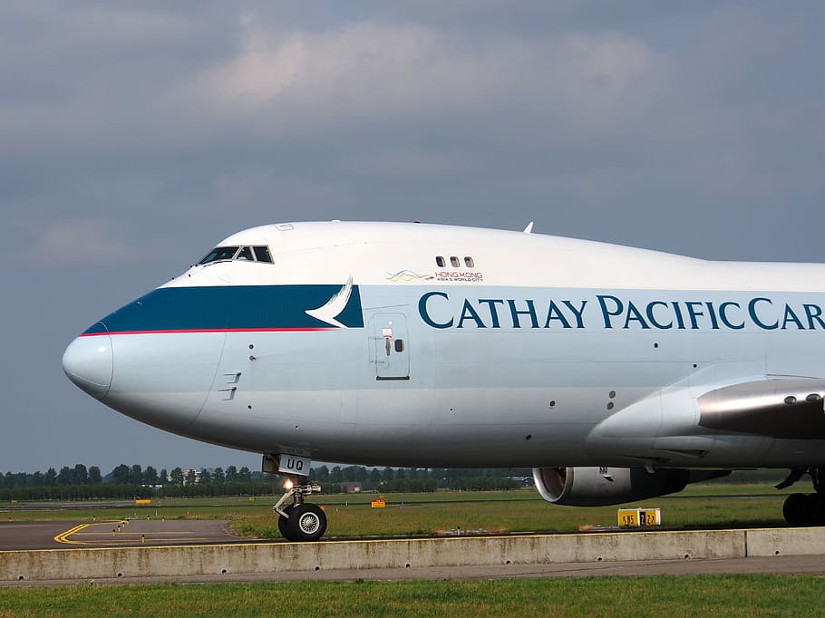cathay, pasifik, pesawat terbang, siang hari, Boeing 747, Cathay Pacific, Jumbo Jet, pesawat, bandara, transportasi