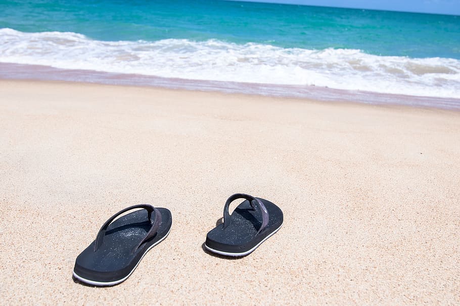 pair, black, flip-flops, seashore, beach, amazing, andaman sea, background, bay, bay view