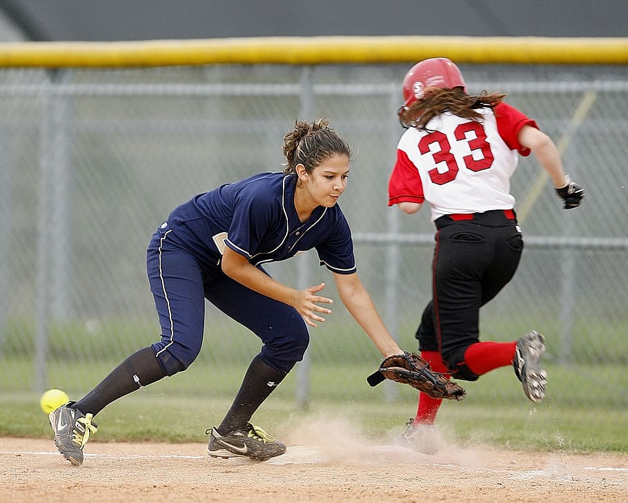 softball, action, girls, player, ball, competition, field, game, mitt, outdoors