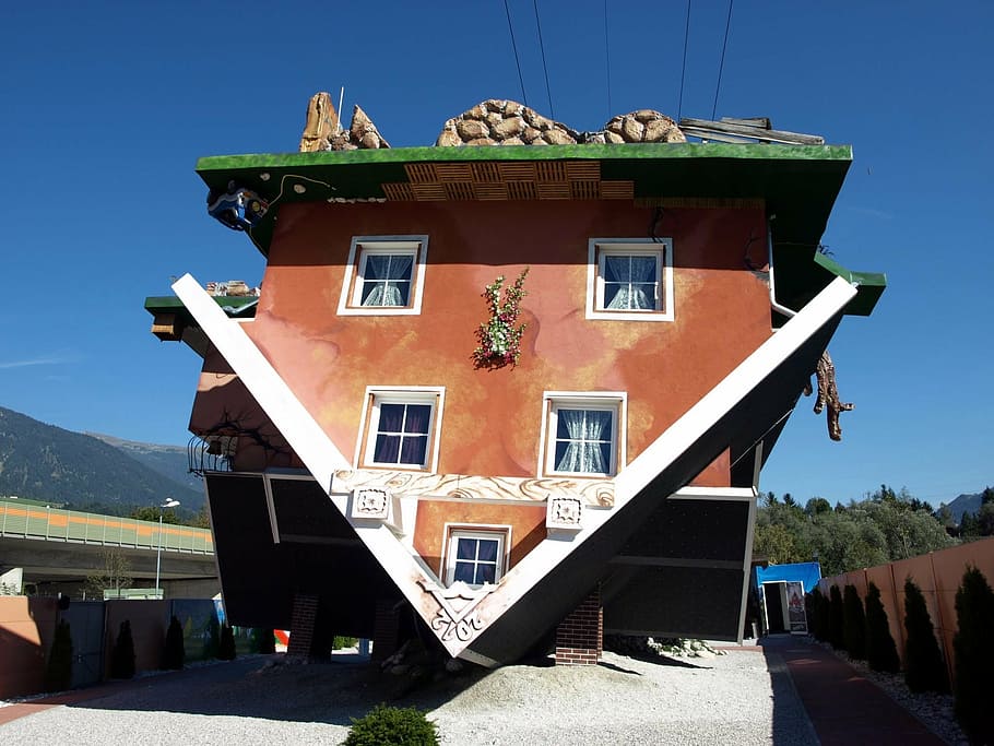 house is upside down, places of interest, tyrol, house, architecture, mountain, europe, outdoors, village, town