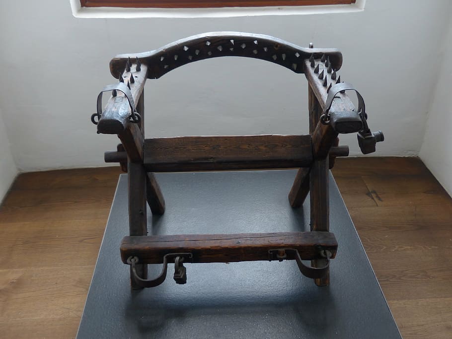 torture chair, instrument of torture, middle ages, pink, thorns, torment, embarrassing witnesses, indoors, wood - material, wood