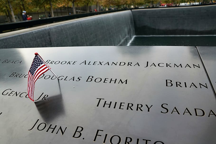 ground zero, new york, usa, manhattan, america, mourning, monument, flag, name, victims