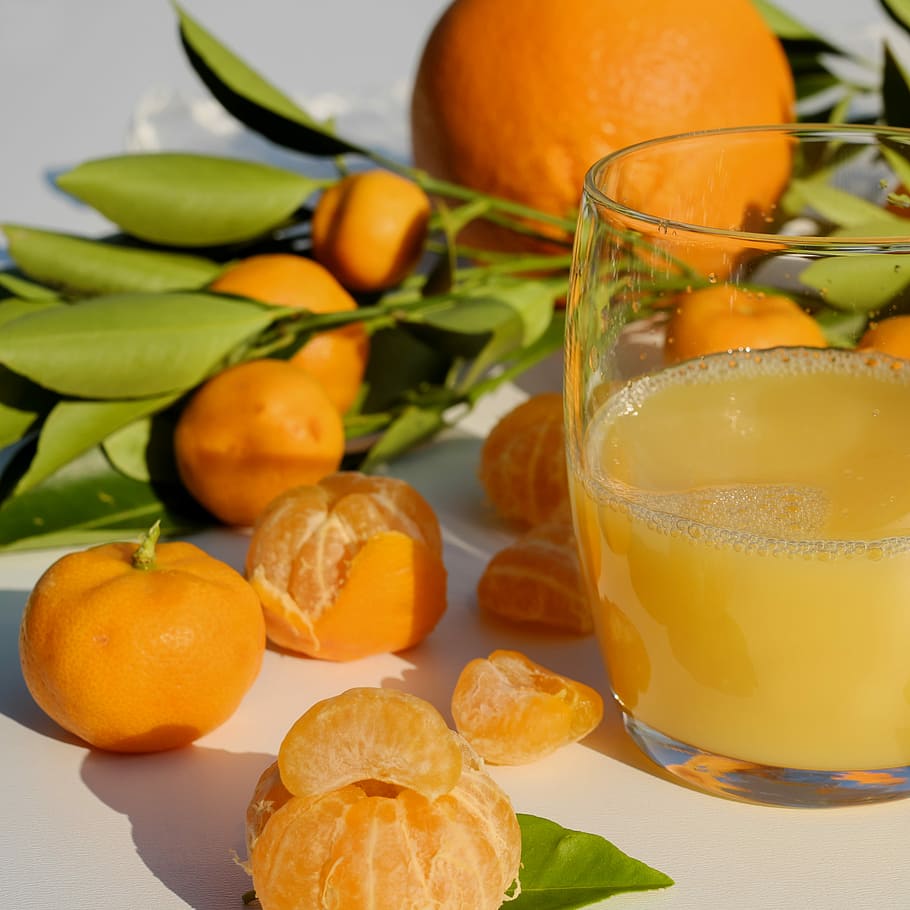 tandan, jeruk, diisi, jelas, gelas minum, jus jeruk, jus, vitamin, mandarin, jus buah