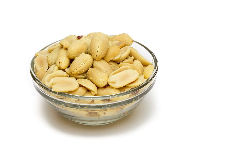 peanuts, snack, appetizer, salado, dried fruits, bol, glass, food and drink, food, white background