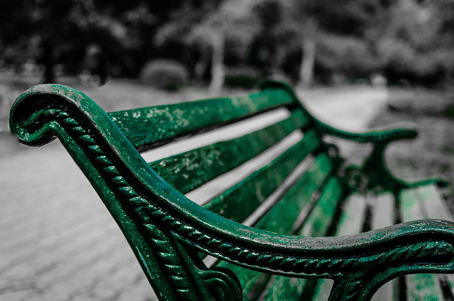 green outdoor bench, park bench, sitting, seat, wooden, abandoned, wood, green, wrought iron, dark life