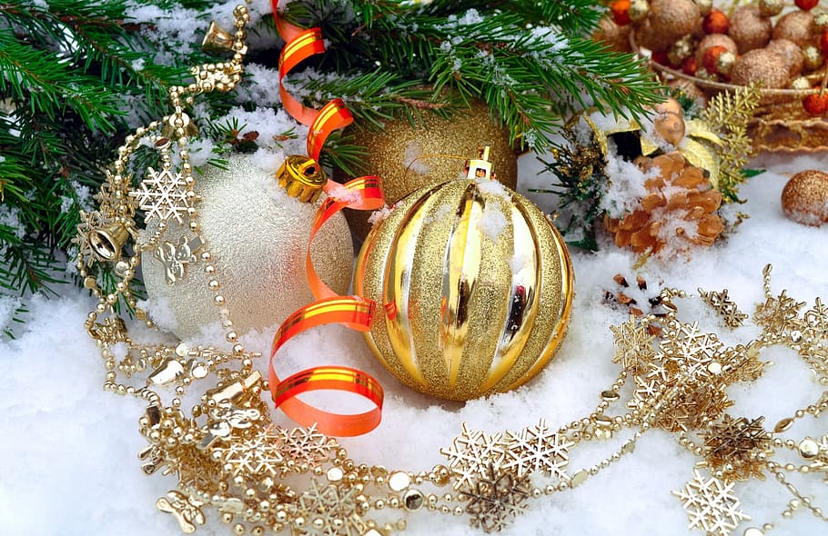 gold, silver christmas bauble, background, balls, christmas, cold, december, decor, decoration, green