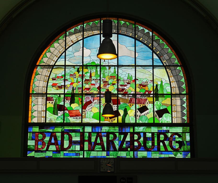 buruk, harzburg, Stasiun Kereta Api, Bad Harzburg, bangunan stasiun, concourse, jendela perhiasan, kaca patri, perwakilan, spa