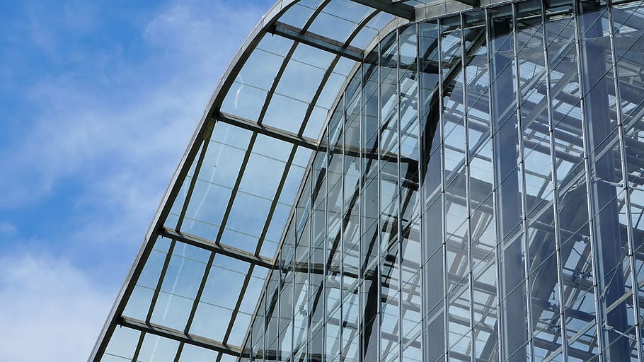 greenhouse, modern, architecture, glasshouse, built structure, sky, low angle view, glass - material, cloud - sky, building exterior