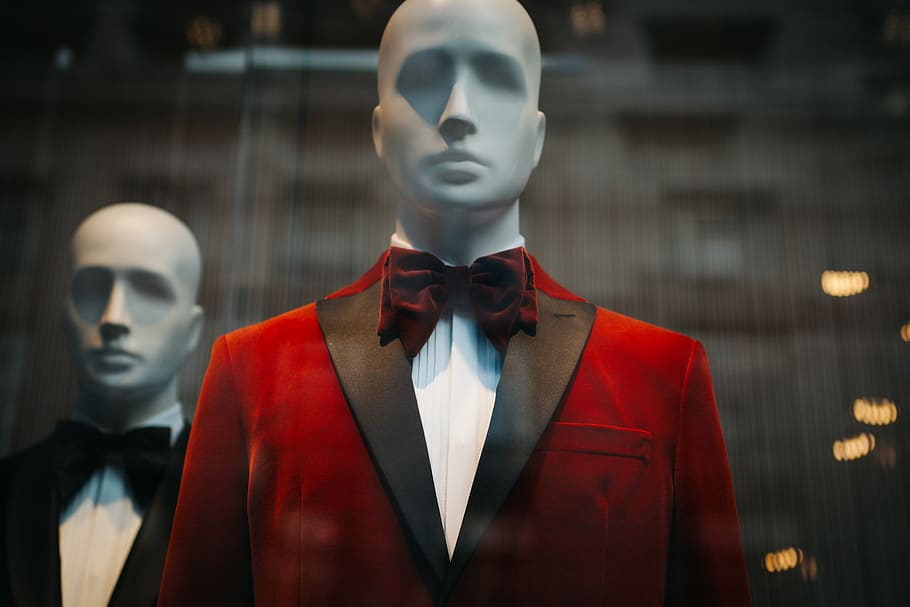black, red, suit, tie, clothing, mannequin, shopping, mall, store, retail