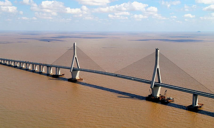 China, River, Water, Bridge, Bridge, Span, water, bridge, span, suspension, vehicles, nature