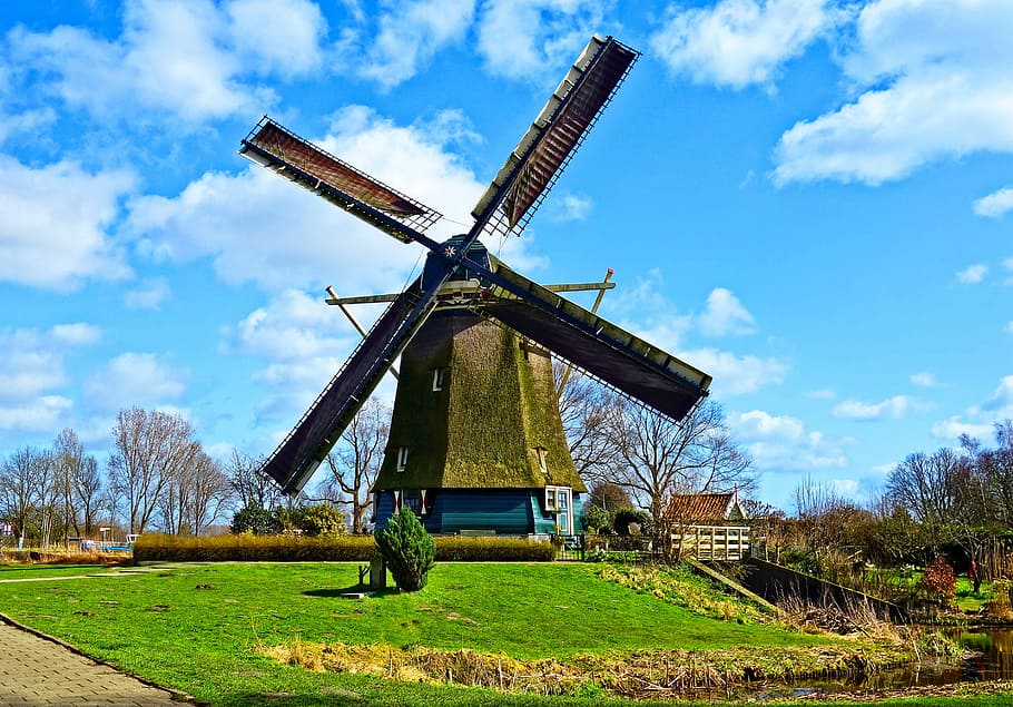 brown, green, windmill, grass, white, clouds, daytime, dutch windmill, historic windmill, historic
