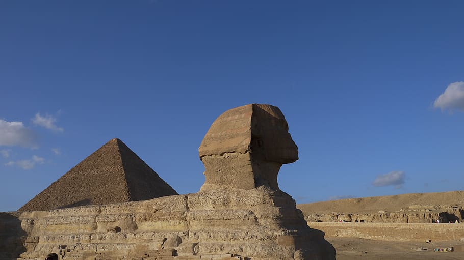 pyramid, sphinx, egypt, pyramids, old, sky, monument, desert, architecture, history