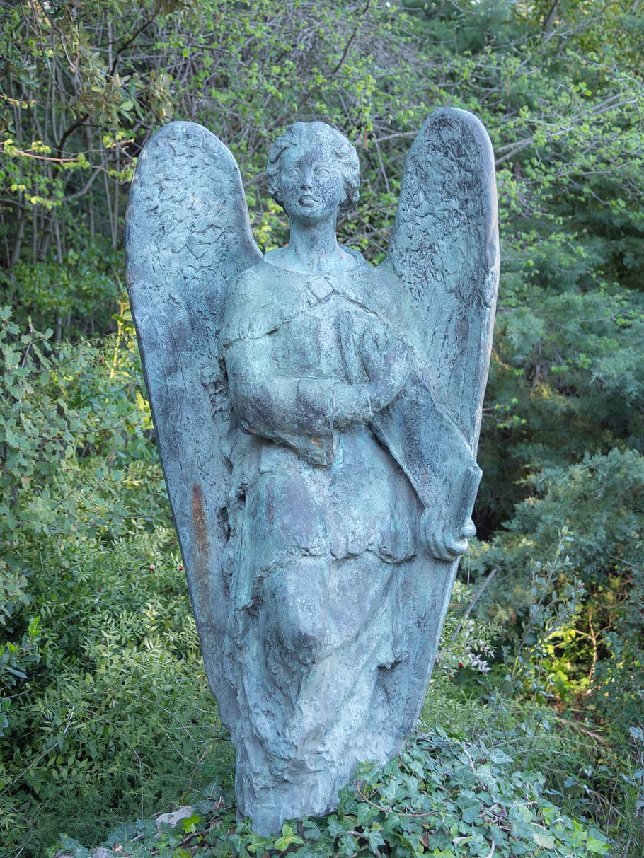 stone, sculpture, cemetery, nature, angel, wings, figure, church, tomb, statue