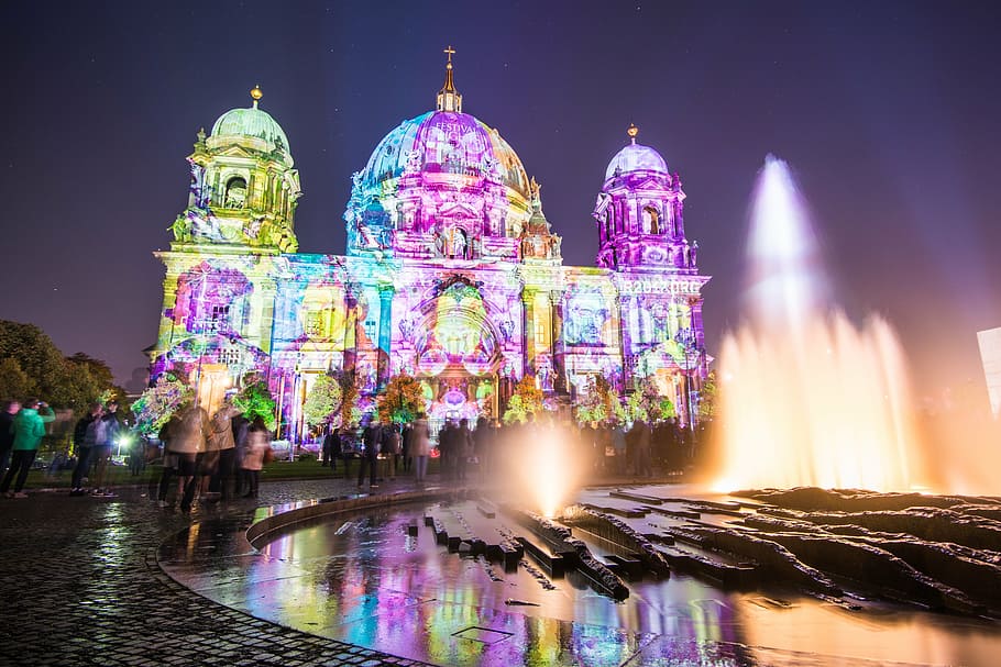 low-angle photography, cathedral, berlin cathedral, fountain, berlin, festival, lights, illusion, historically, facade