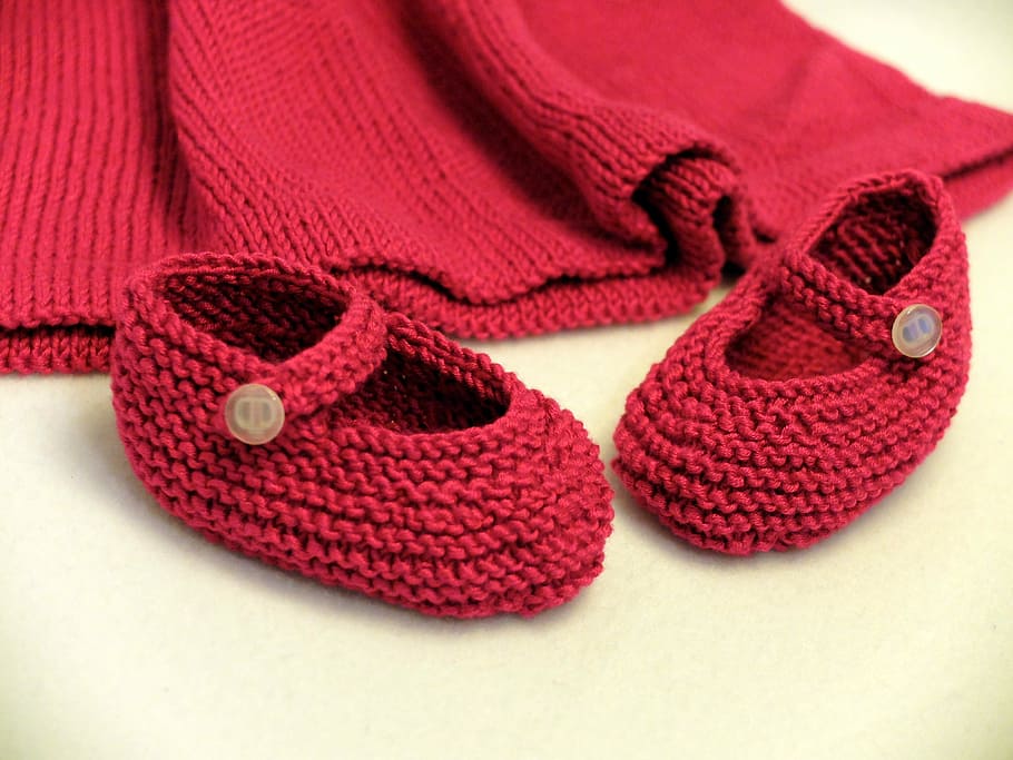 par, rojo, zapatos patik, zapatos, bebé, tejido de punto, lana, artesanía, hecho en casa, aguja