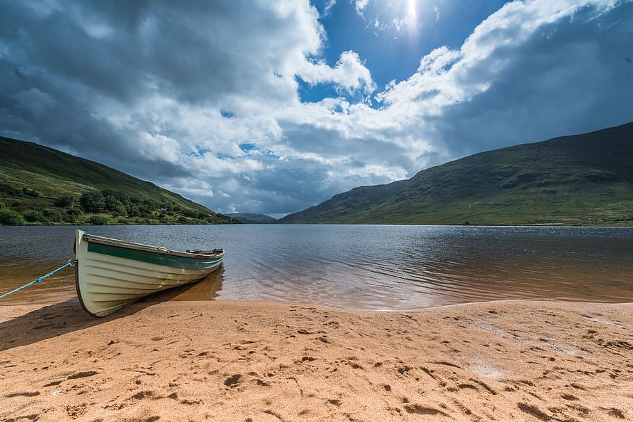 ireland, connemara, lake, rowing boat, beach, clouds, cloud - sky, water, beauty in nature, sky