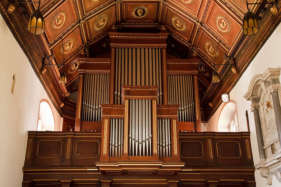 church organ, painted, ceiling, antique, building, cathedral, chapel, christian, church, god