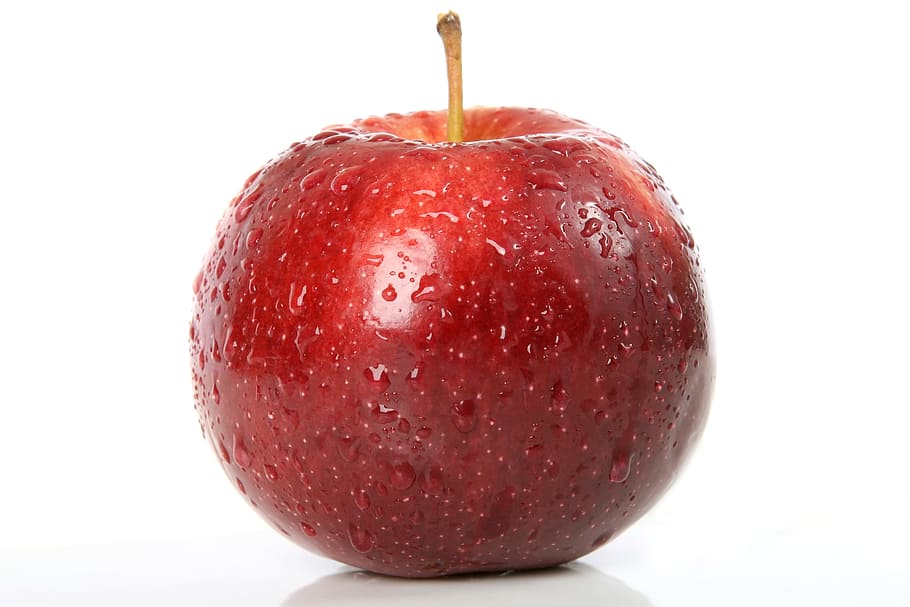 Rojo, manzana, rocío, gotas, detrás, blanco, fondo, manzana roja, fruta, apetito
