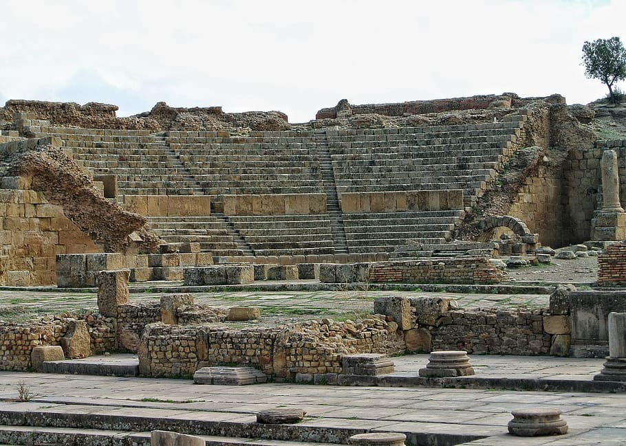 the theatre, timgad, batna, algeria, history, ancient, the past, architecture, ancient civilization, old ruin