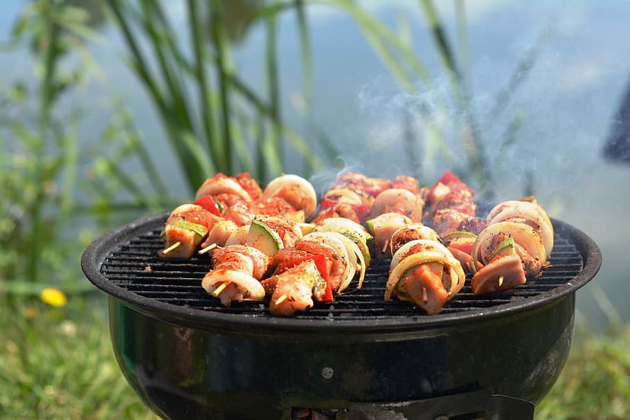 kebab on grill, grill, skewers, eating, frying, picnic, food and drink, food, barbecue, barbecue grill