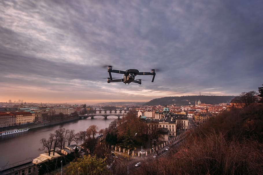 quadcopter drone, flight, drone, plants, trees, camera, water, river, bridge, building