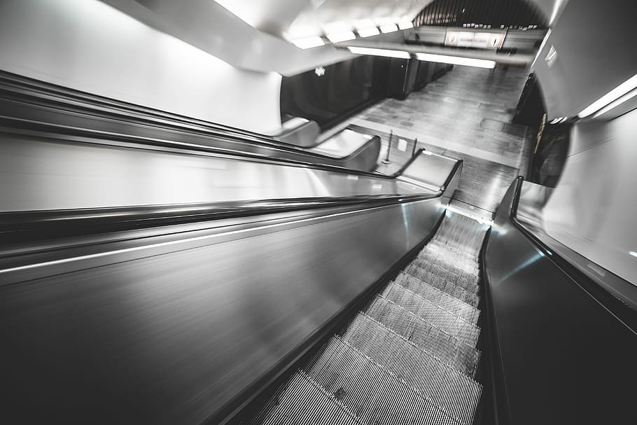 subway escalator, Underground, Subway, Escalator, Hypnotic, Motion, black and white, bw, city, movement