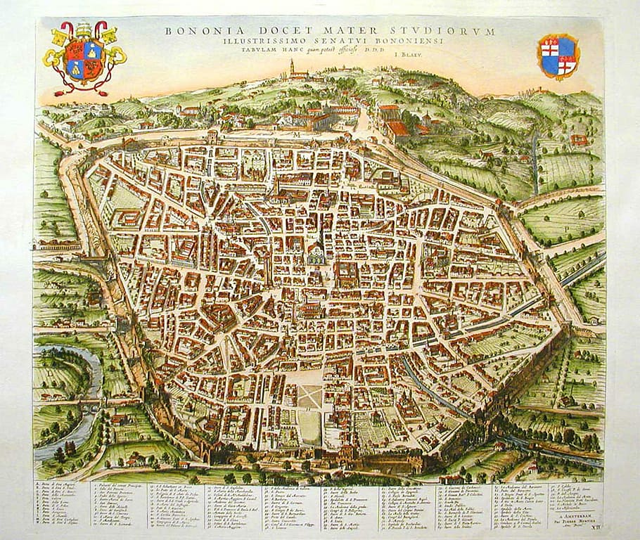 1640, Bologna, Italia, diagram, peta, domain publik, Prangko, eropa, perjalanan, latar belakang putih