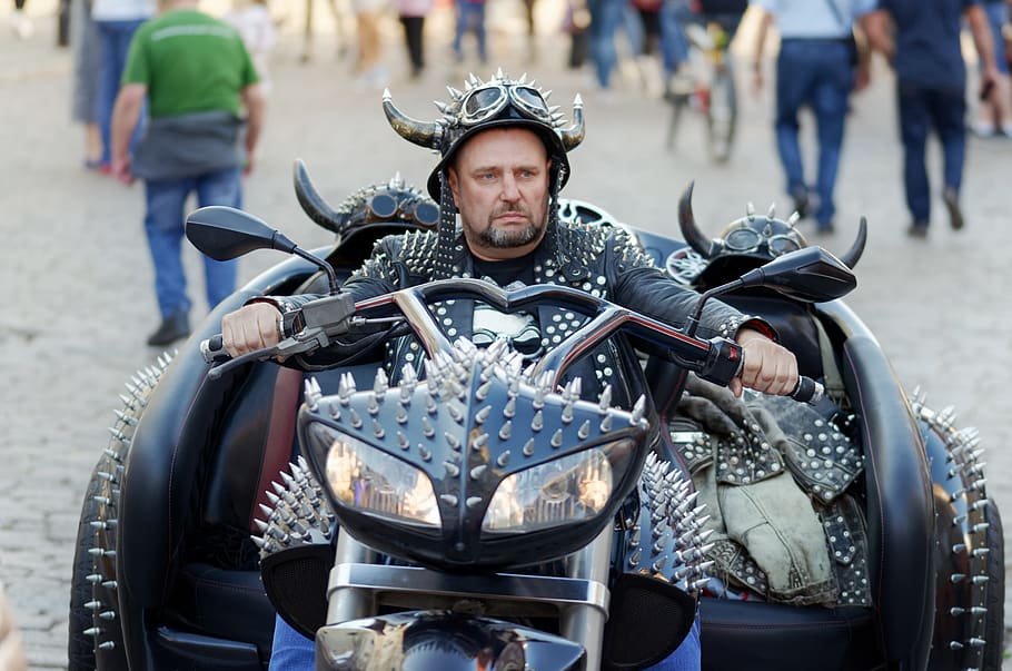 man, adult, person, suit, character, the demon, horns, spike, fantasy, motorcycle