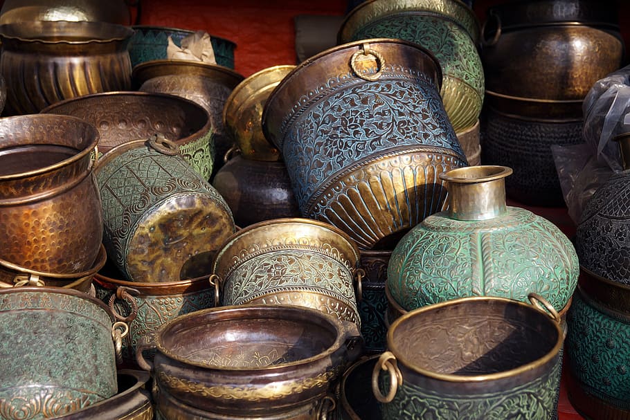 assorted-color pots, utensils, copper utensils, cooking, metal, antique, cultures, asia, east Asian Culture, craft