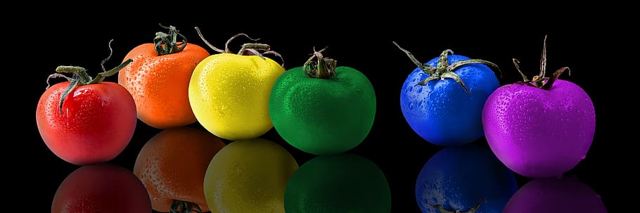 six assorted-color tomatoes, tomatoes, tomato, color, rainbow, rainbows, colorful tomatoes, colored tomatoes, background, eat