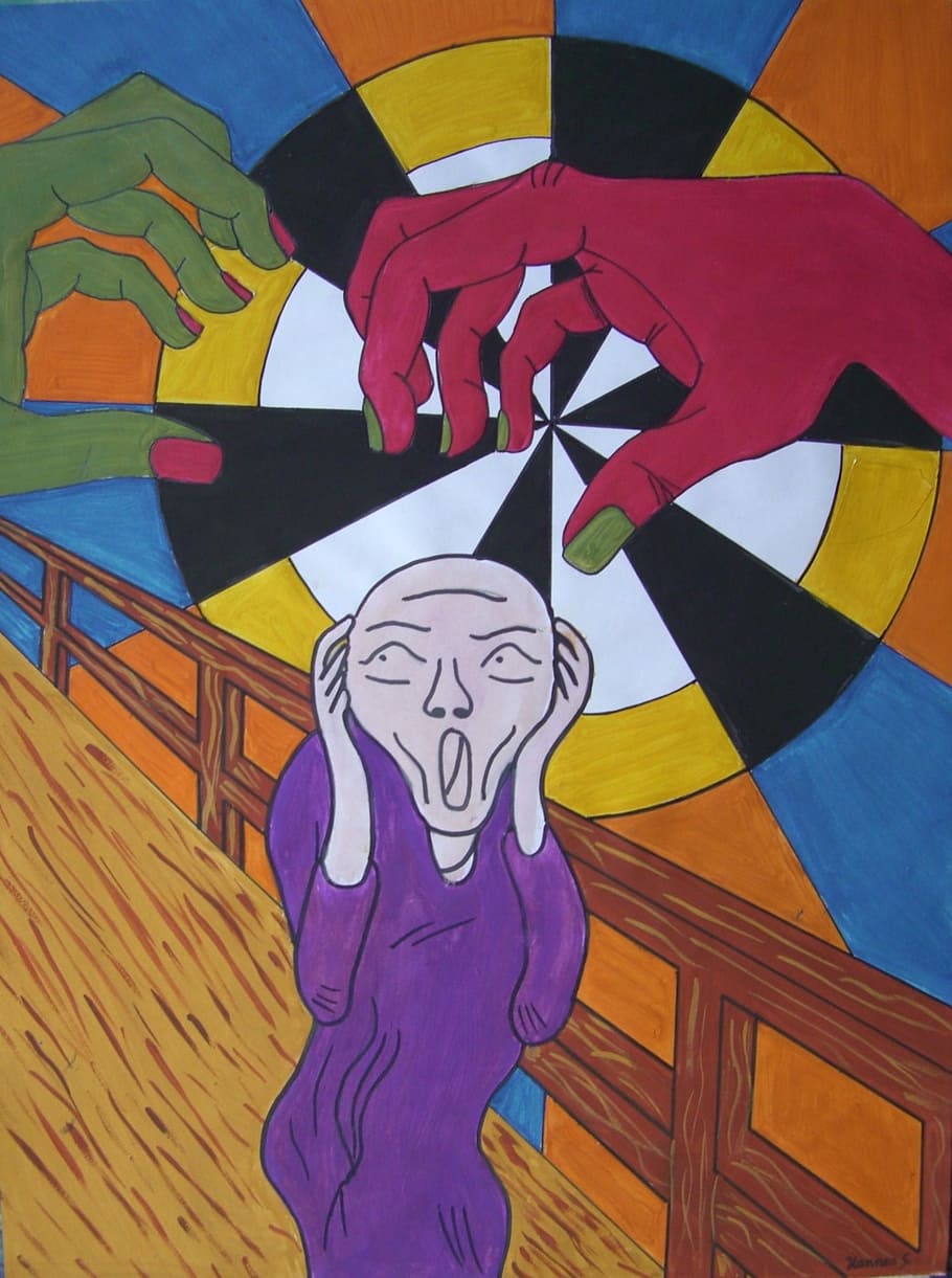 munch scream, alienation, watercolor, felt tip pens, colorful, students work, painted, color, drawing, hand