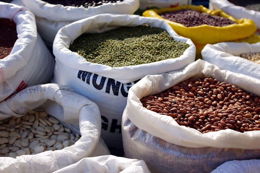 sementes sortidas, seca, mercadorias, mercado, sacos, alimentos, semente, cozinhar, viagens, plano de fundo