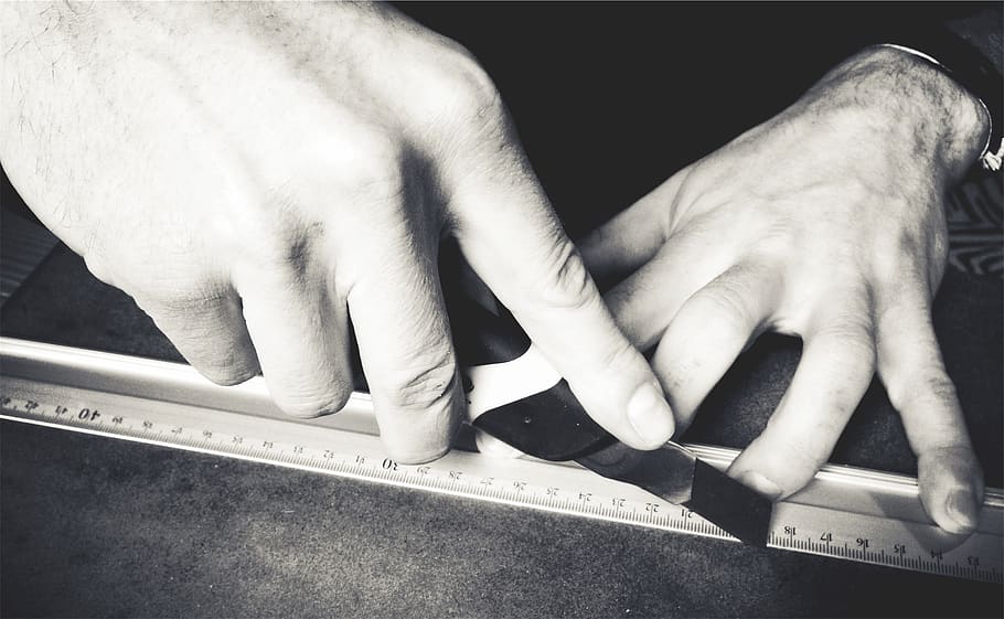 hands, xacto knife, blade, cutting, ruler, human hand, hand, human body part, one person, finger