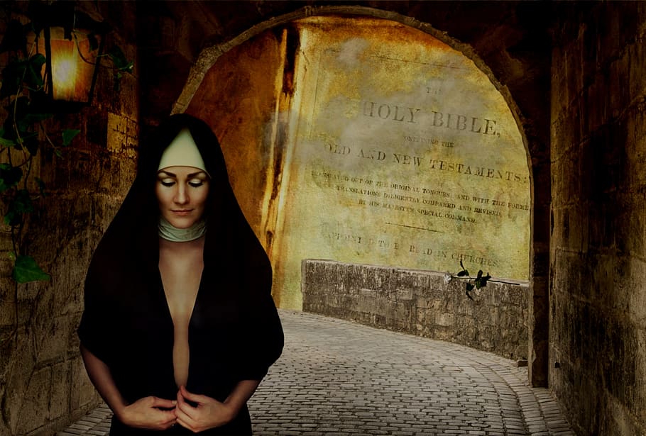 woman, wearing, black, headdress, standing, inside, tunnel, nun, in order to, vault
