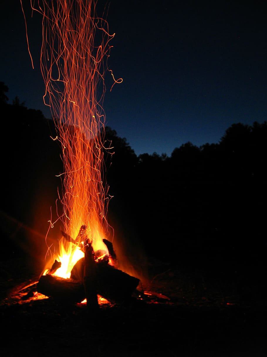 queima, lenha, noite, fogo, faísca, fogueira, chama, labareda, laranja, acampamento