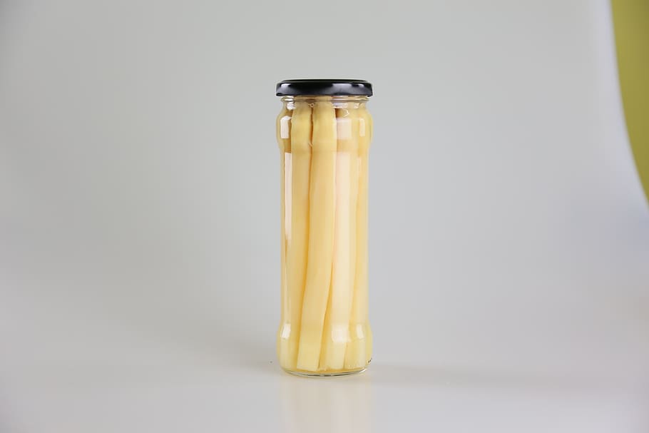 glass, asparagus, asparagus canned, canned, white asparagus, food and drink, food, single object, studio shot, indoors