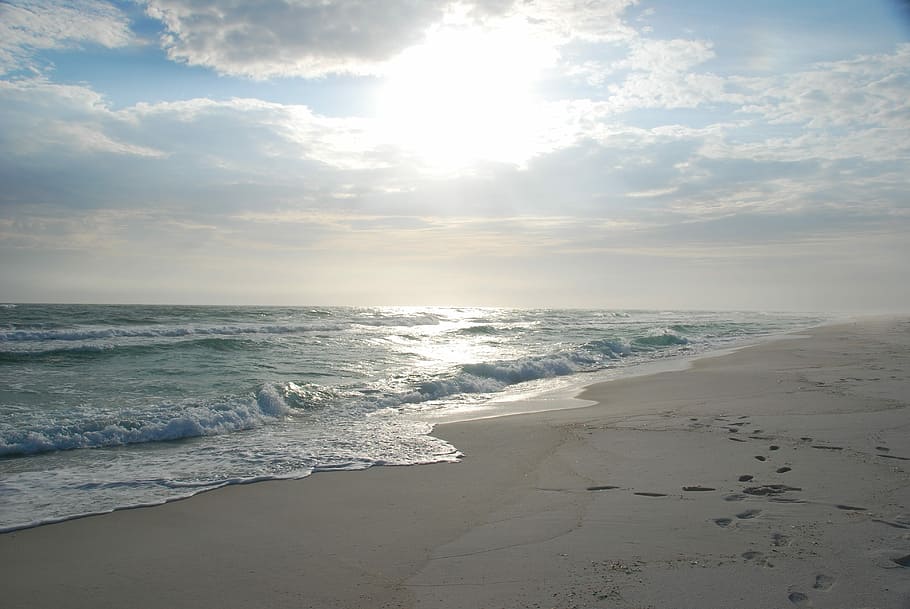 Salida del sol, playa, blanco, arena, costa, vacío, arena blanca, agua, mar, naturaleza