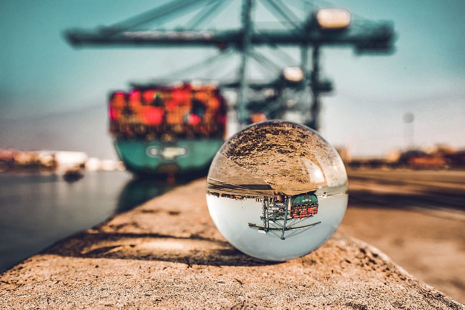 bola de cristal, lente, espejo, barco, grúas, vietnam, puerto, tcit, agua, embarcación náutica