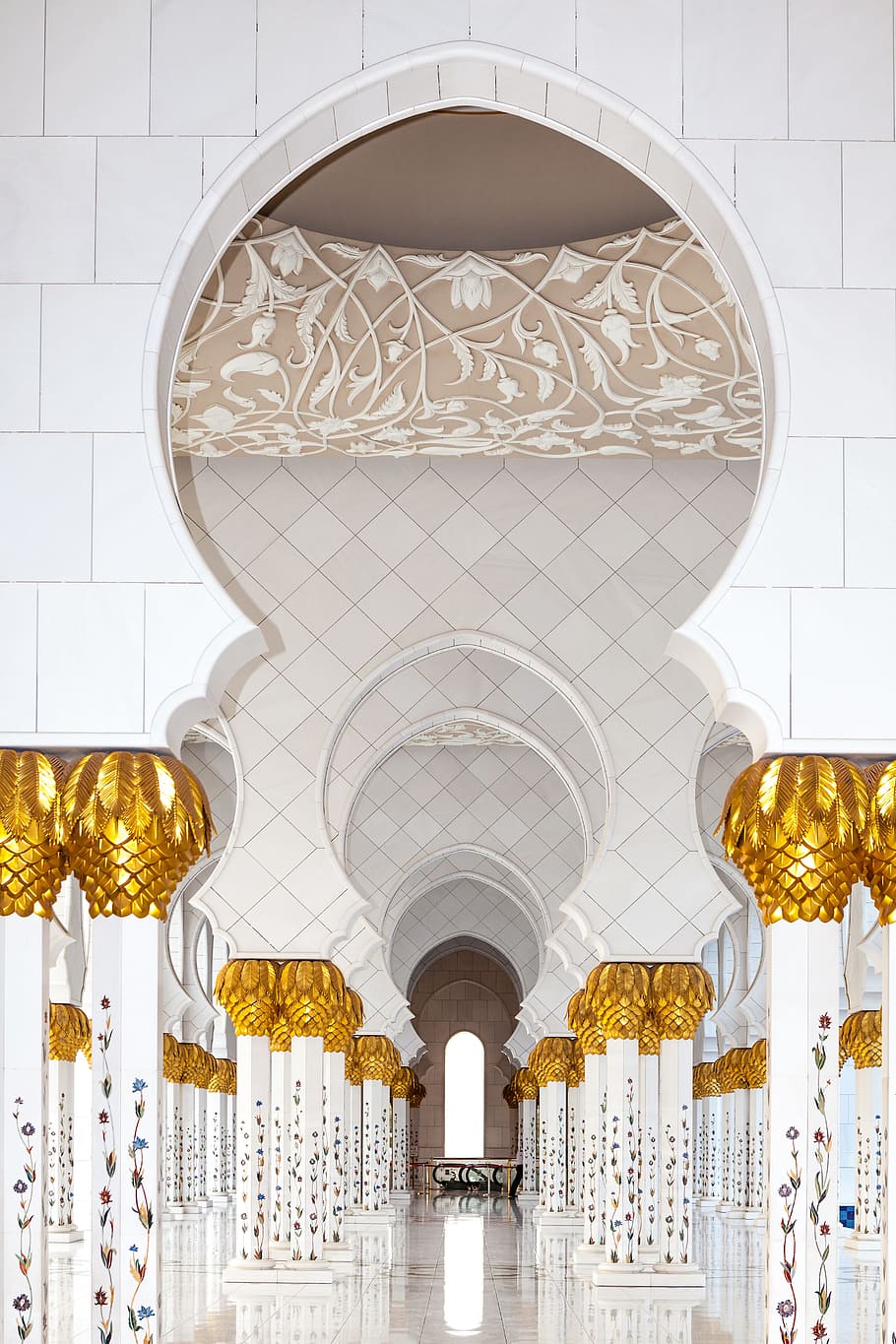 white, brass building, interior, abu dhabi, moshe, islam, building, architecture, arabic, travel