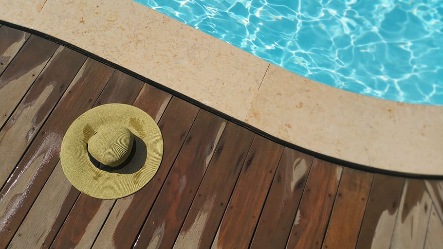 brown, hat, wooden, floor, pool, vacation, vacant, relaxing, relaxed, relaxation