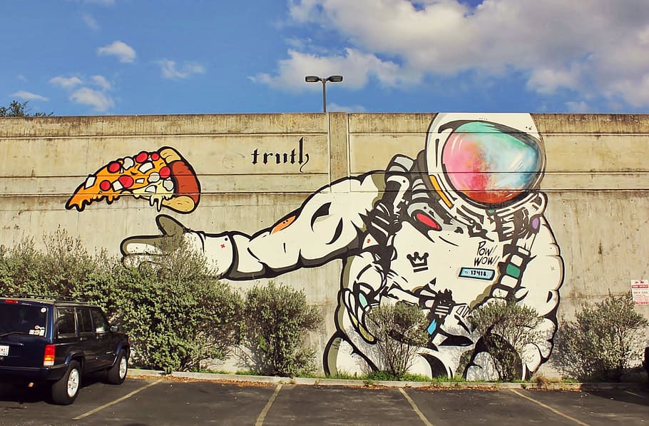 arte callejero, mural, graffiti, astronauta, pared, pared pintada, austin, texas, estados unidos, nosotros