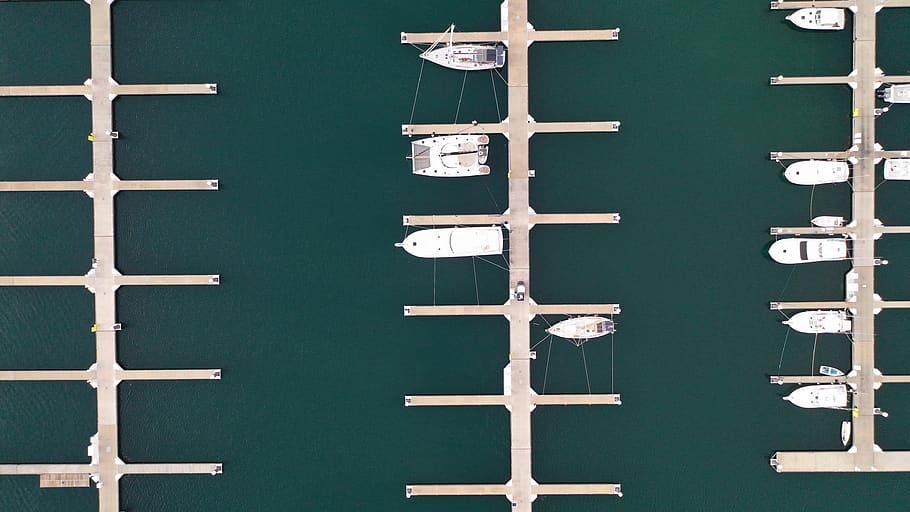 aerial, boats, water, marina, sea, outdoors, top, flying, drone, pier