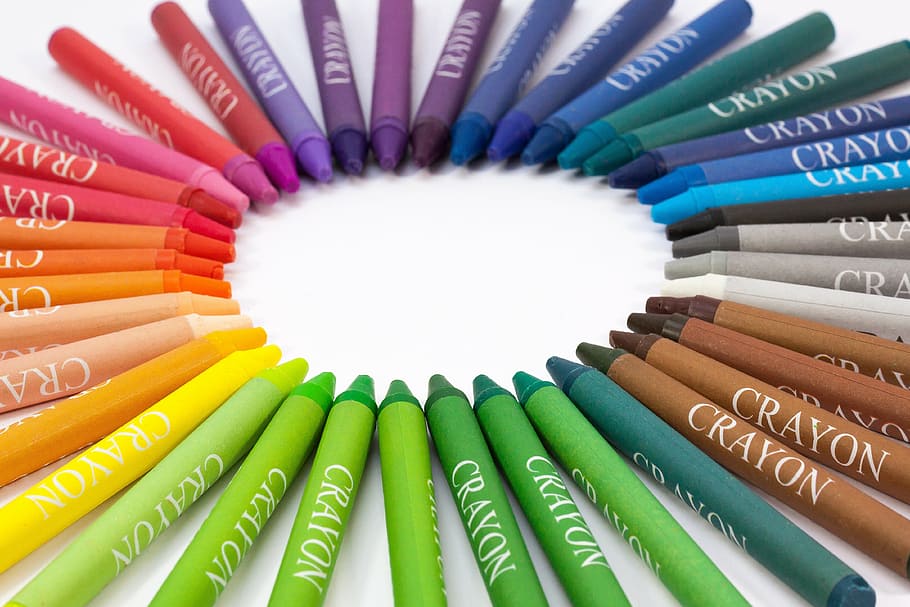 berbagai macam warna krayon, putih, permukaan, kapur tulis, pensil warna, bintang, lingkaran warna, krayon, alat tulis, perangkat karakter