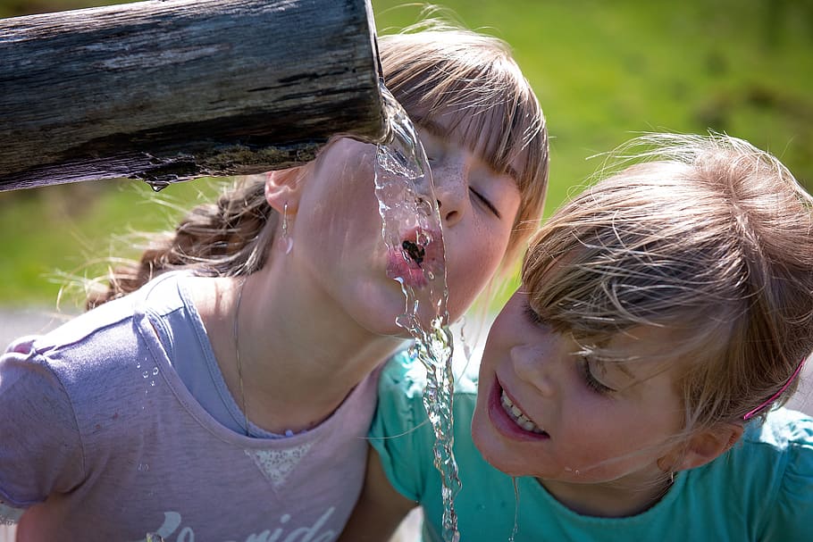 two, girls drinking water, daytime, human, children, girl, blond, water, fountain, drink