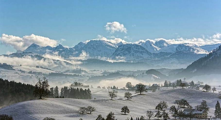 風景写真, 山, 覆われた, 雪, 高原, 風景, 自然, 冬, ビュー, 旅行
